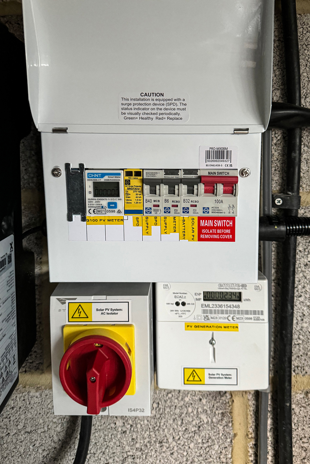 Domestic Solar PV inverter, generation meter and battery storage mounted to wall storing energy